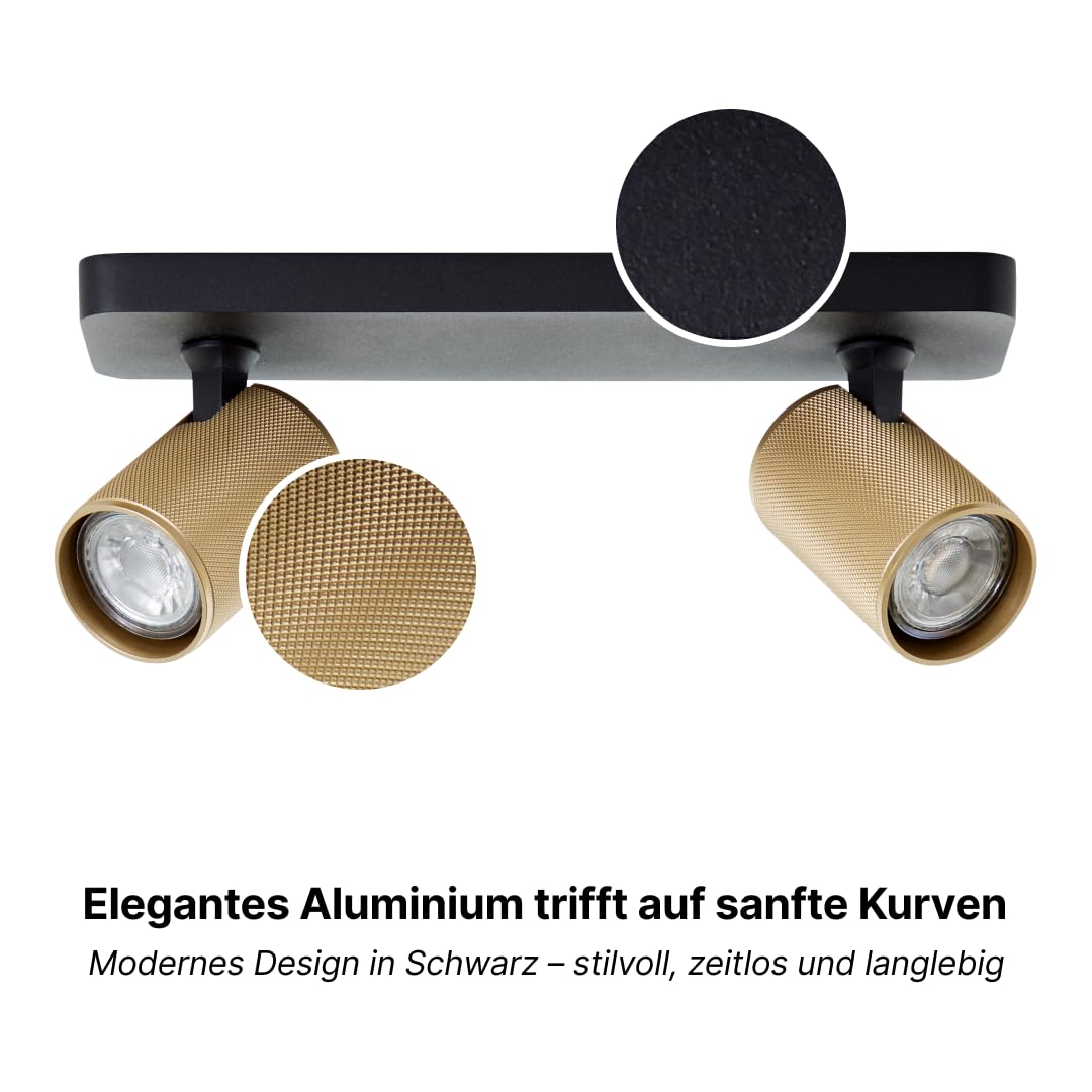 Brilliant Marty LED Deckenstrahler, 2-flammig, schwenkbare Spots mit GU10-Fassung, dimmbar, warmweißes Licht, 2 × 345 Lumen, sand-schwarz/matt-gold – ideal für Wohnzimmer und Flur.