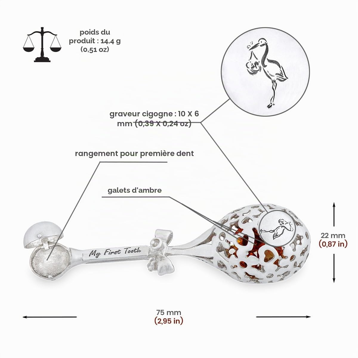 Hochet pour bébé garçon ou fille en argent sterling 925 brillant, hochet de cigogne en argent avec gravure, cadeau d'anniversaire