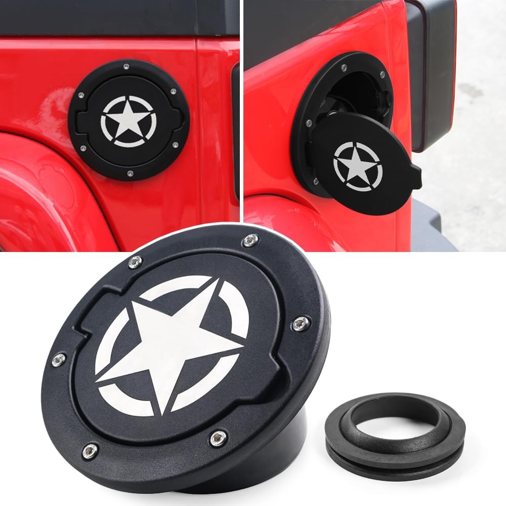 Gas Cap Fuel Filler Door Gas Tank Cover With Rubber Gasket for Jeep Wrangler JK 2007-2017 Exterior Accessories (Star Pattern)