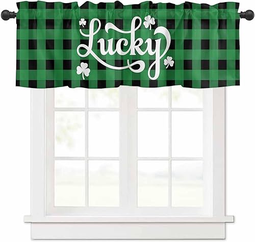 Cortinas de cocina a cuadros Buffalo del día de San Patricio, cenefas para ventanas, tréboles de la suerte, con bolsillo para cortinero, tratamiento