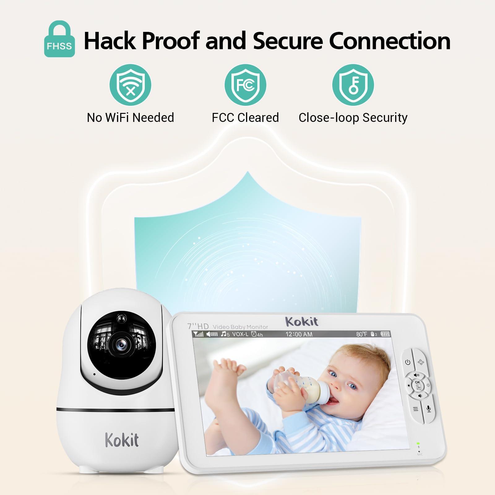 Baby Monitor con fotocamera e audio, monitor video HD 1080P da 7 pollici, senza WiFi, batteria da 5000 mAh, modalità VOX, visione notturna automatica, a prova di hacking, PTZ remoto