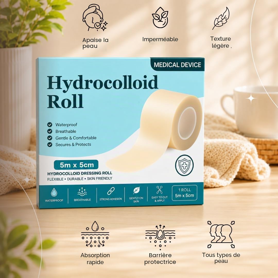 Rouleau de pansement hydrocolloïde 5 cm x 5 m – Ruban adhésif imperméable à découper – Patch de bandage flexible et doux pour la peau pour ampoules, acné, plaies mineures – Autocollant et sans latex
