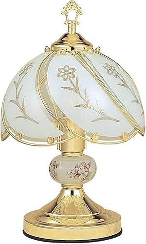 Ore International K313-A - Lámpara táctil floral de cristal blanco, 14.25 pulgadas, oro cepillado