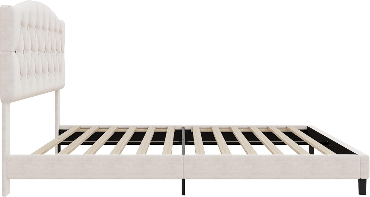 Queen Upholstered Platform Bed Frame with Adjustable Curved Headboard, Diamond Tufted Linen Fabric Bed, Wooden Slats and Metal Support, No Box Spring Needed, Beige (M)