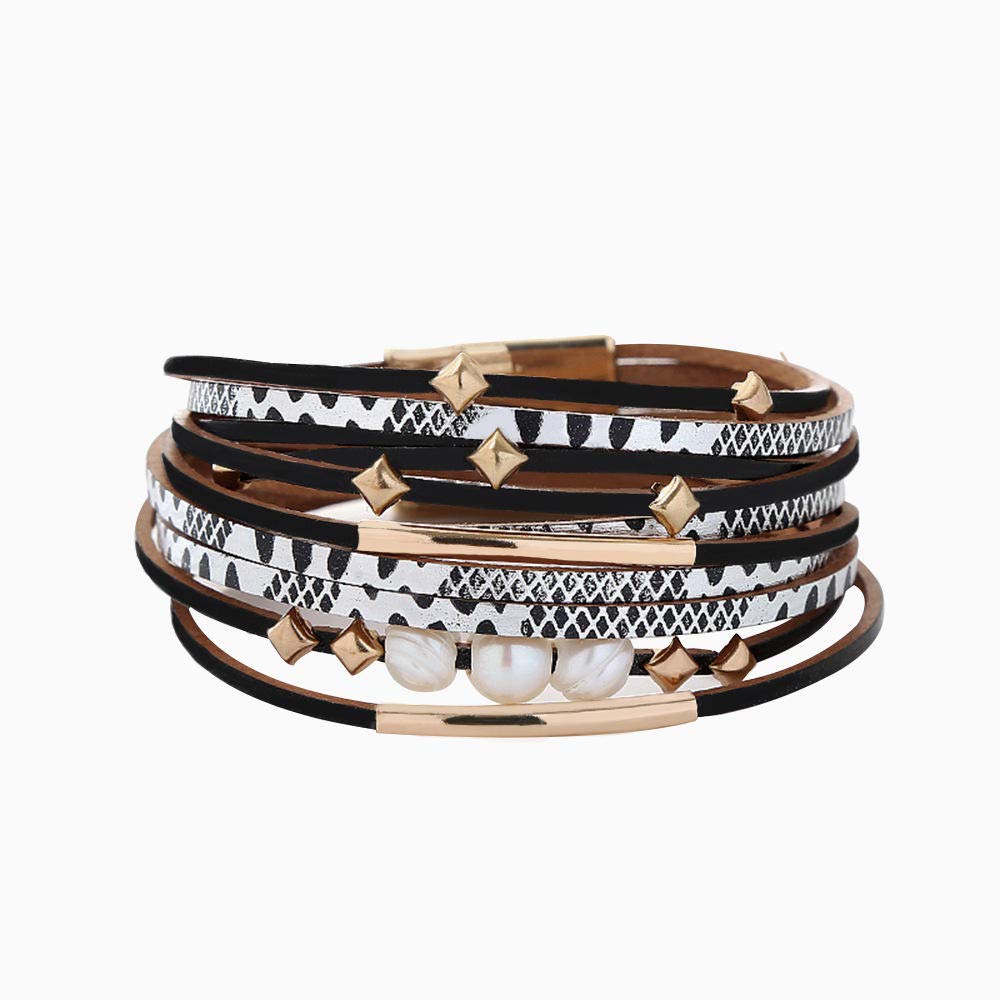 Lederarmband für Frauen, mehrschichtige Vintage Lederarmband schwarzer Mode Süßwasserperlen Doppelkreis Armband Damen Armband Armband Schmuckarmband Perlenarmband Personalisierte Kleidung ACCA