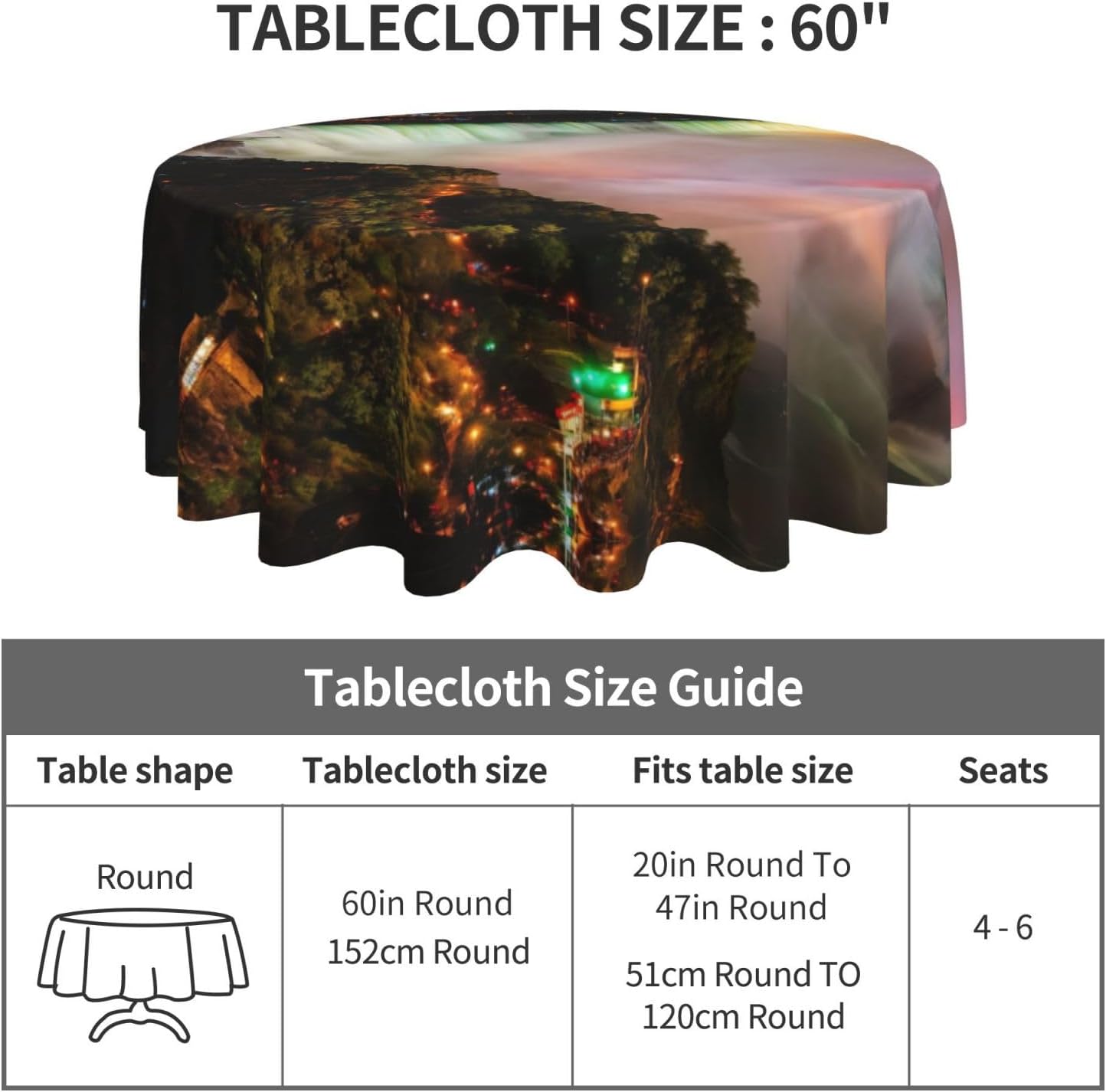 Niagara Falls Print Wrinkle Free Dining Table Cover for Birthday Party Farmhouse Tablecloths Up to 60 x 60 Inches