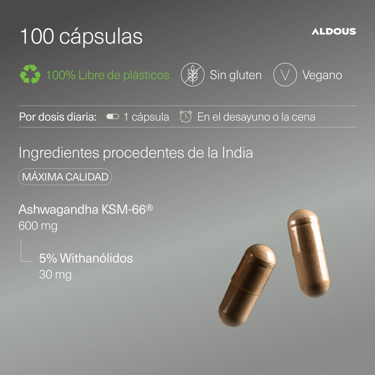 Ashwagandha KSM-66 ® Ecológica - Máxima dosis 600 mg en 1 Cápsula - 100 Días - Sin Aditivos - 100% Pura - Mejora el Estado de Ánimo - Vegano - Sin Plástico - Certificación Ecológica - ALDOUS