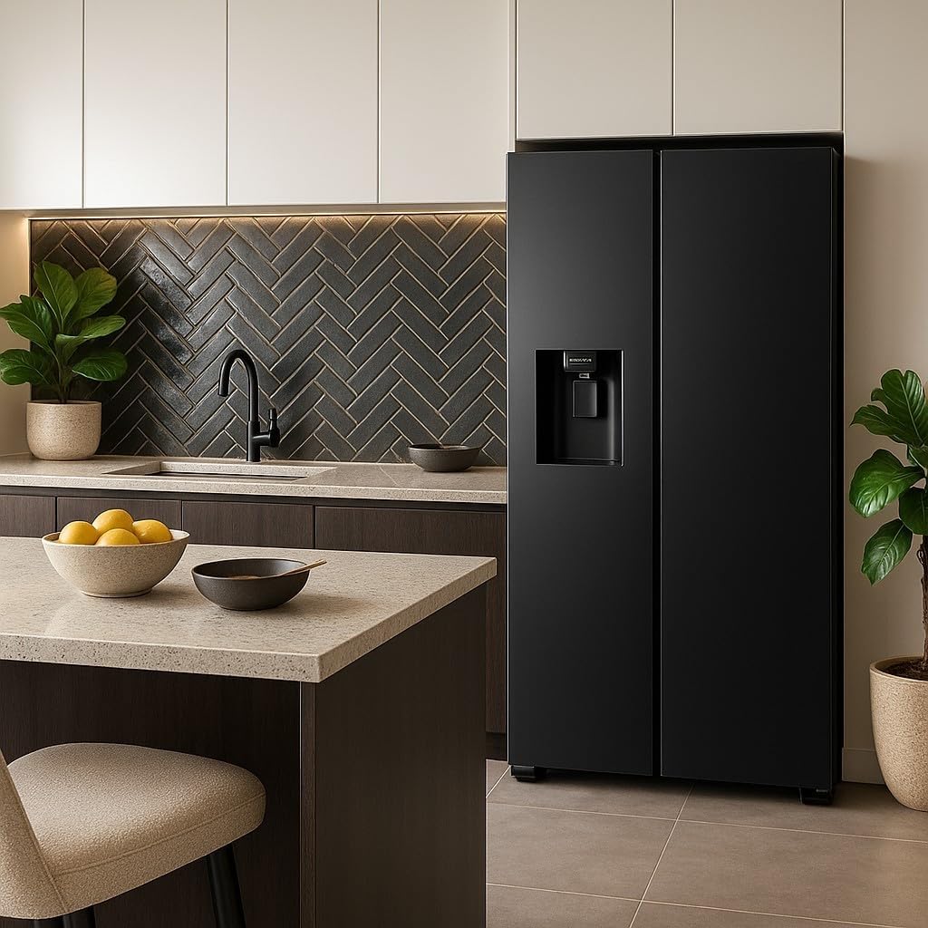 Modern black refrigerator with water and ice dispenser