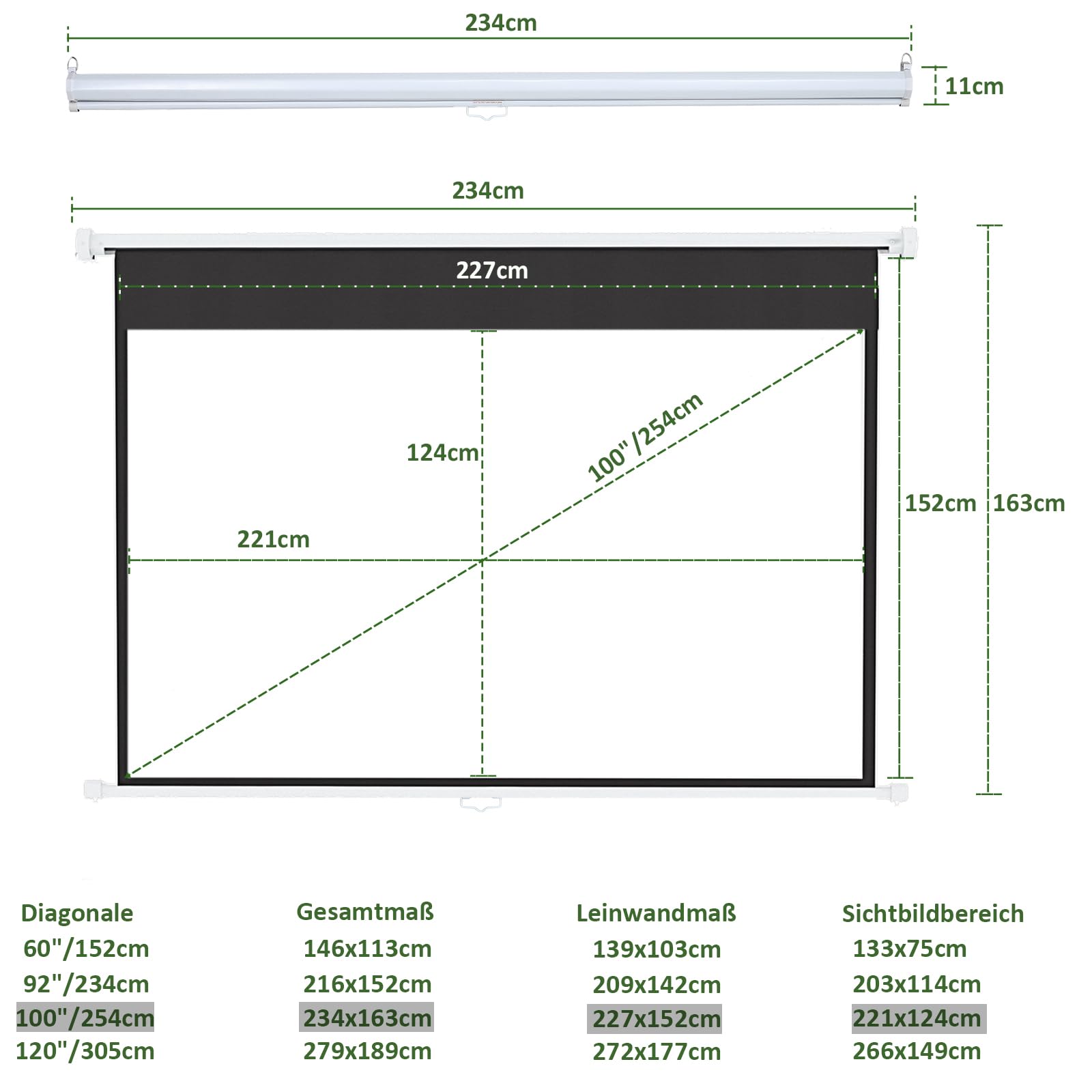 INMOZATA Leinwand Beamer Rollo 234cm, Bild 221 x 124 cm(100 Zoll), Format 16:9, Deckenmontage & Wandmontage Projektor Leinwand für Heimkino Büro Treffen Schule Präsentationen-Weiß Gehäuse