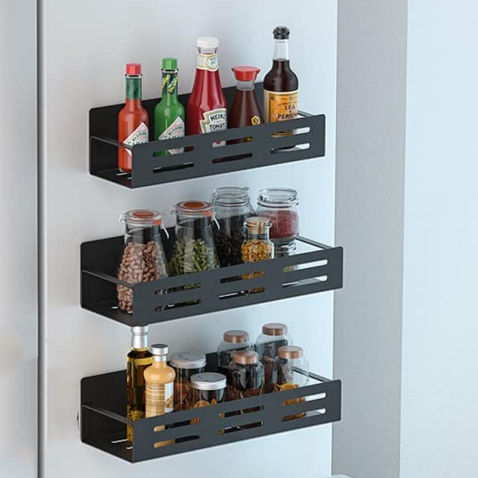 Magnetisches Gewürzregal – 4 starke Halterungen für Küche & Kühlschrank, sichere Aufbewahrung für Gewürzgläser und kleine Flaschen, perfekter Nizer für optimale Platzeffizienz