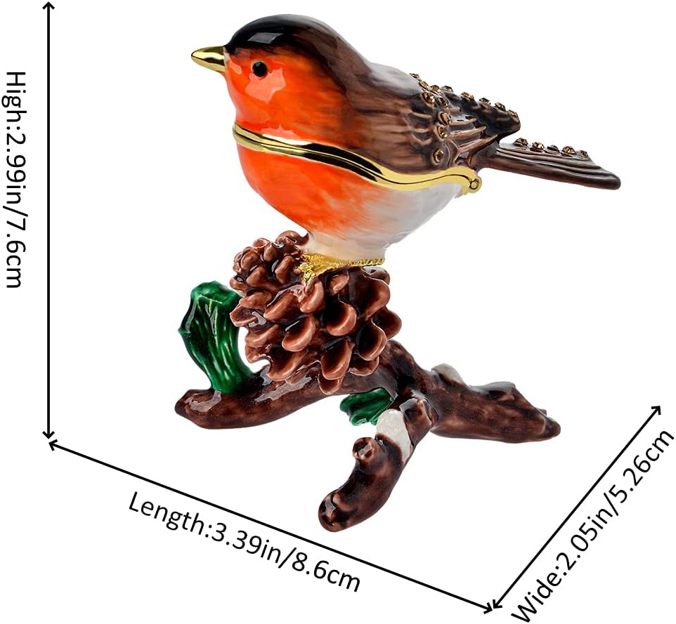 Golden Crystal Enameled Robin Jewelry Box, Hand-Painted Hinged European Robin Trinket Box, Elegant Home Décor & Unique Gift for Bird Lovers