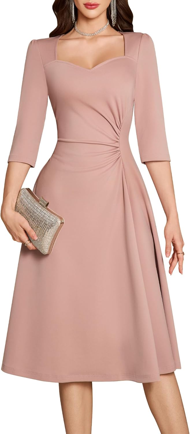 Dressystar Women's Ruched Waist A Line Wedding Guest Dress Spring Wrap Midi Elegant Flowy Formal Cocktail Party Dresses