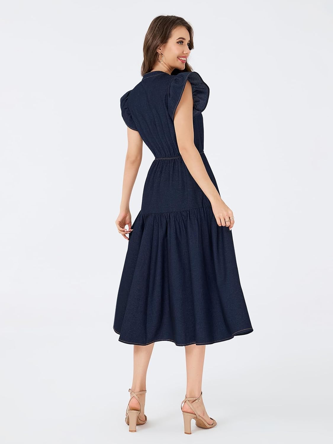 D-Sun Maxi Dress Women 2026 V-Neck Ruffle Sleeve Navy Blue Chambray Tiered Flowy Beach Long Dress - Image 5