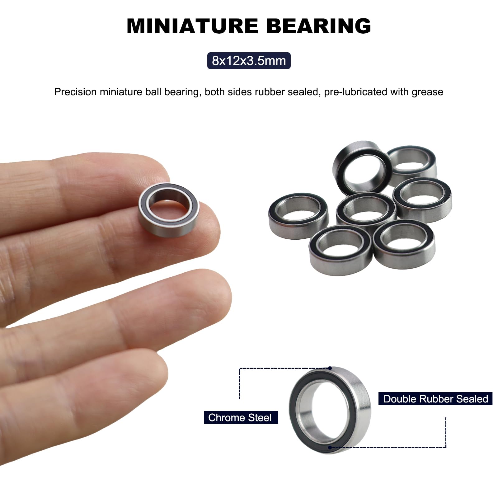20 PCS MR128-2RS Deep Groove Ball Bearings 8mm Inner Dia 12mm OD 3.5mm Bore Double Rubber Sealed Chrome Steel for RC Cars/Planes/Drone/Robotics and Small Electric Motors(MR128 RS) - 4
