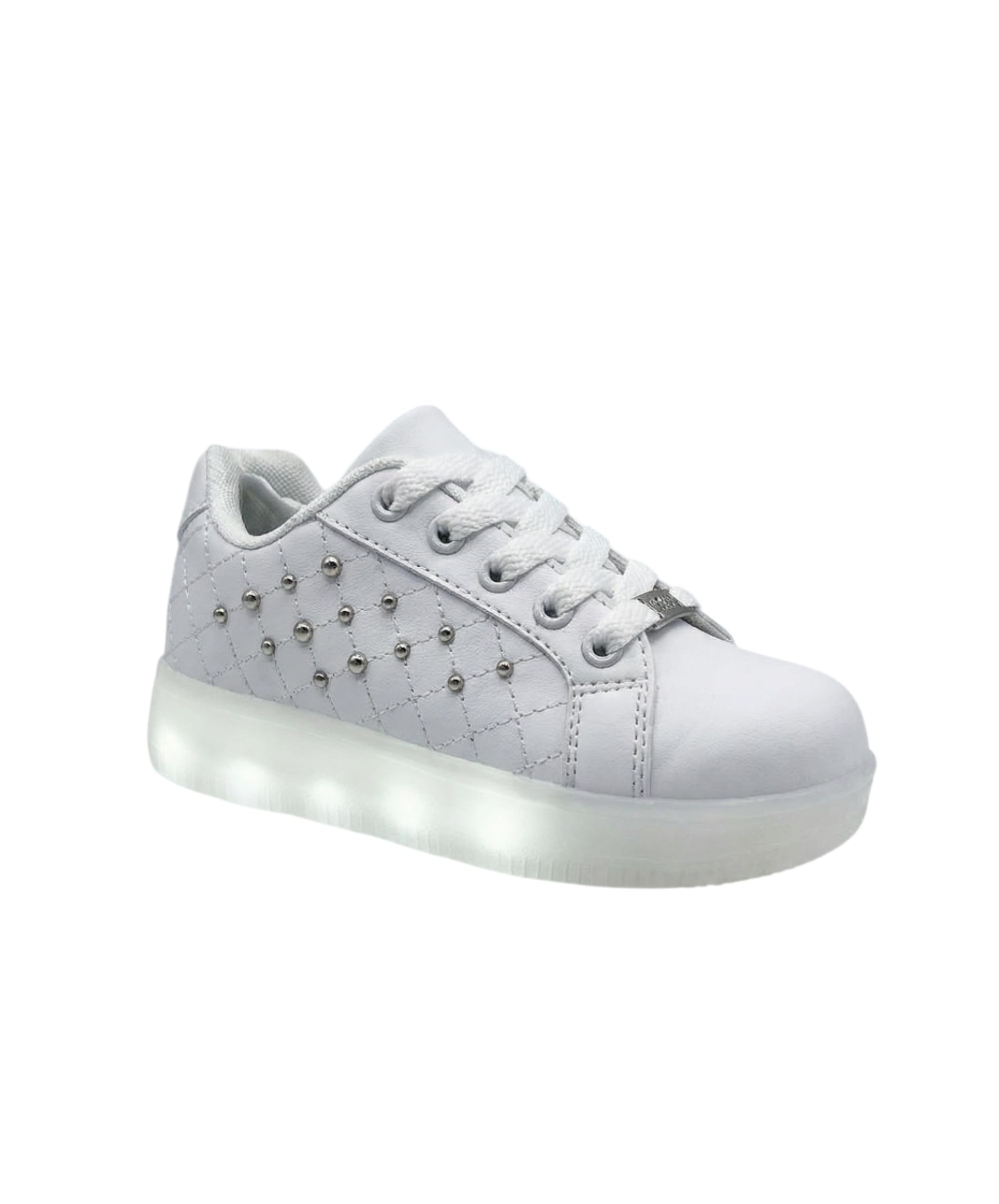 Scarpe da ginnastica bianche con luci a LED, trapuntate, con borchie, stringate, per ragazze