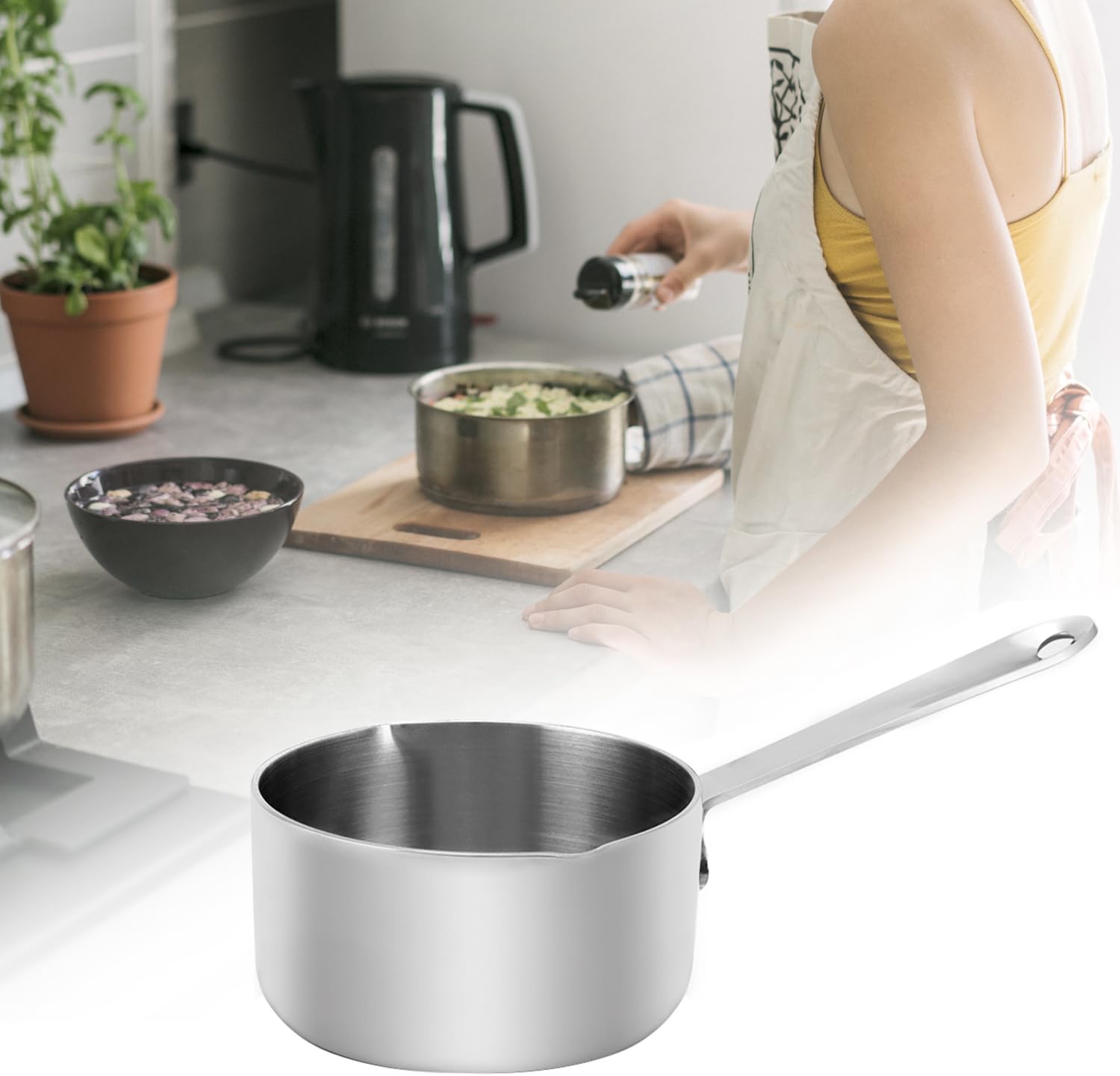 QWORK 12oz/350ml Mini Butter Warmer, 3-Ply 18/10 Stainless Steel Saucepan with Gas Ring