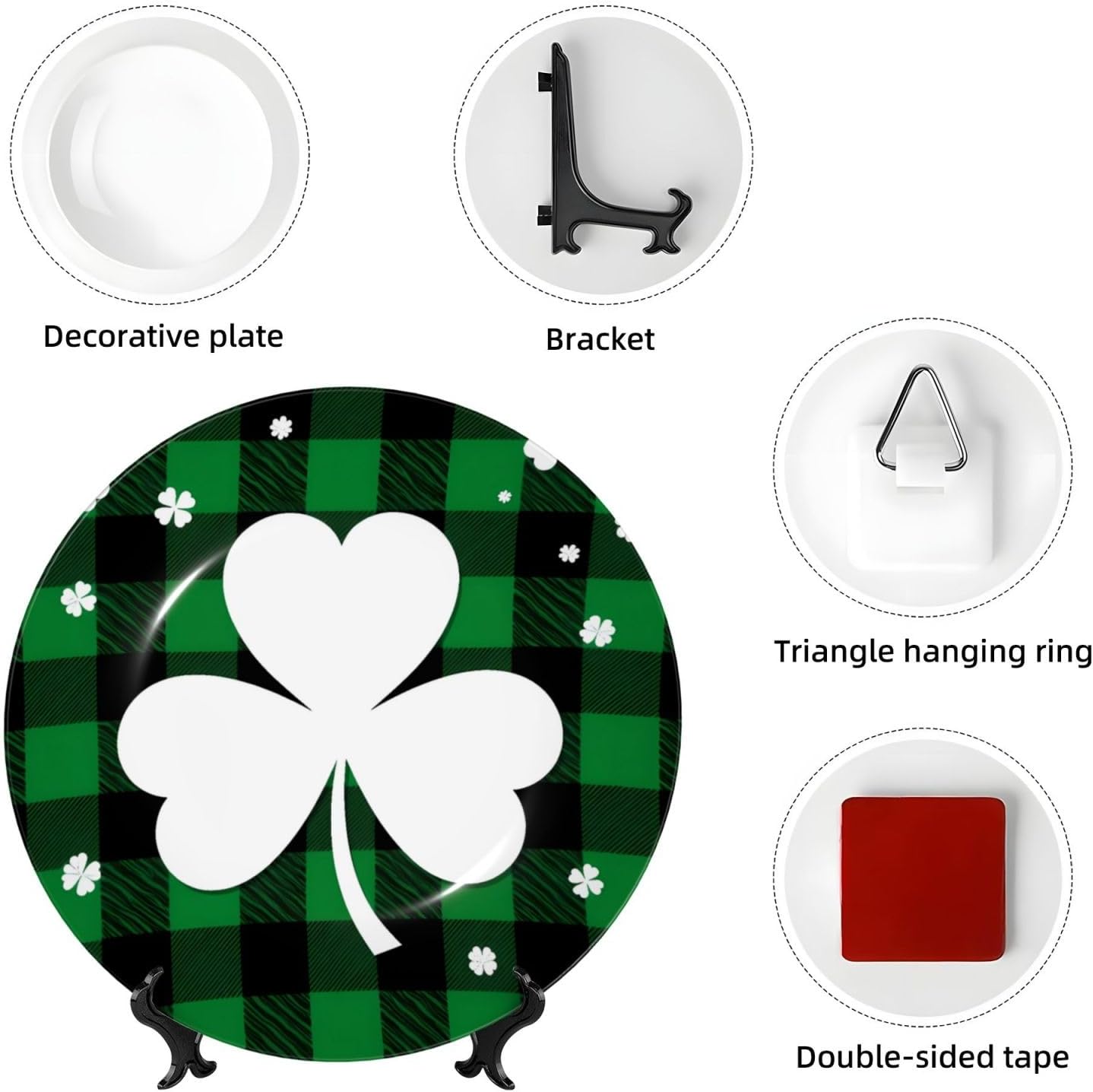Saint Patrick Clover Green Style Ceramic Plate Display Decorative Plate With Stand Wall Hanging Plate For Home Decor 10 Inch