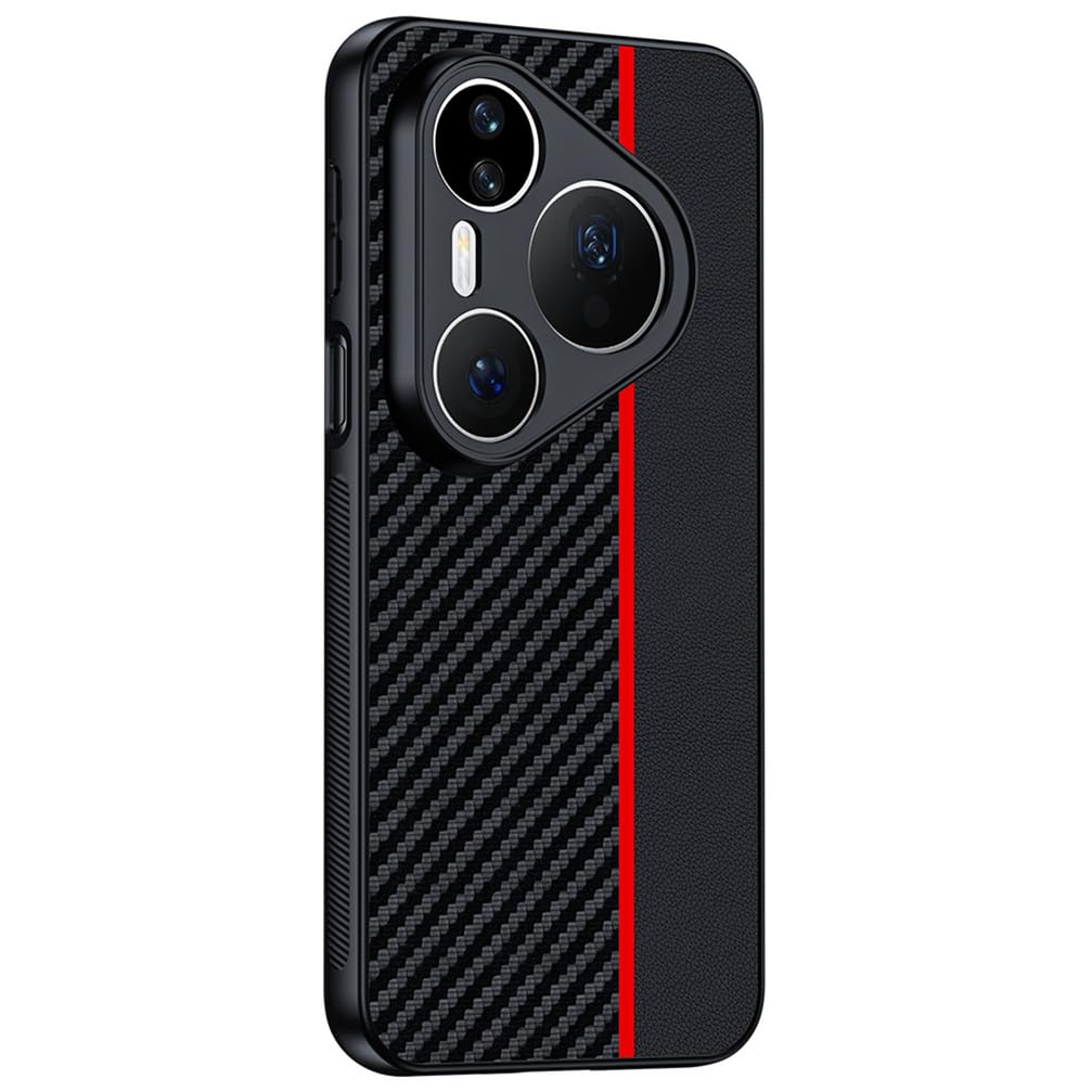 MFAOSHI Slim Case for Huawei Pura 90 Pro Max/90 Pro/90, Carbon Fiber Pattern Splicing Leather Cover All-inclusive Lens Protection Case,Red,90 Pro Max