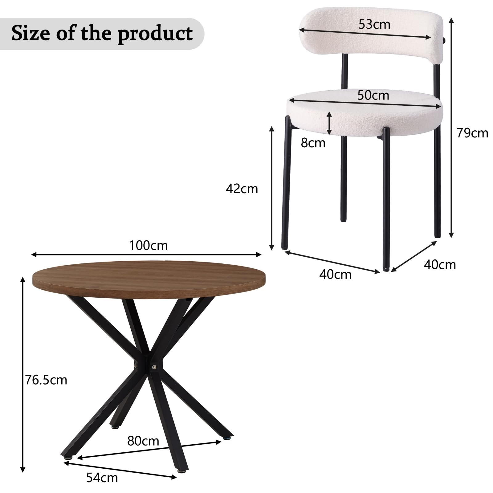 Essgruppe, Runder Esstisch (100 cm) + 4 Esszimmerstühle aus Lammfell-Imitat — Bietet Platz für 4–6 Personen (Dunkelbraun + Weiß)