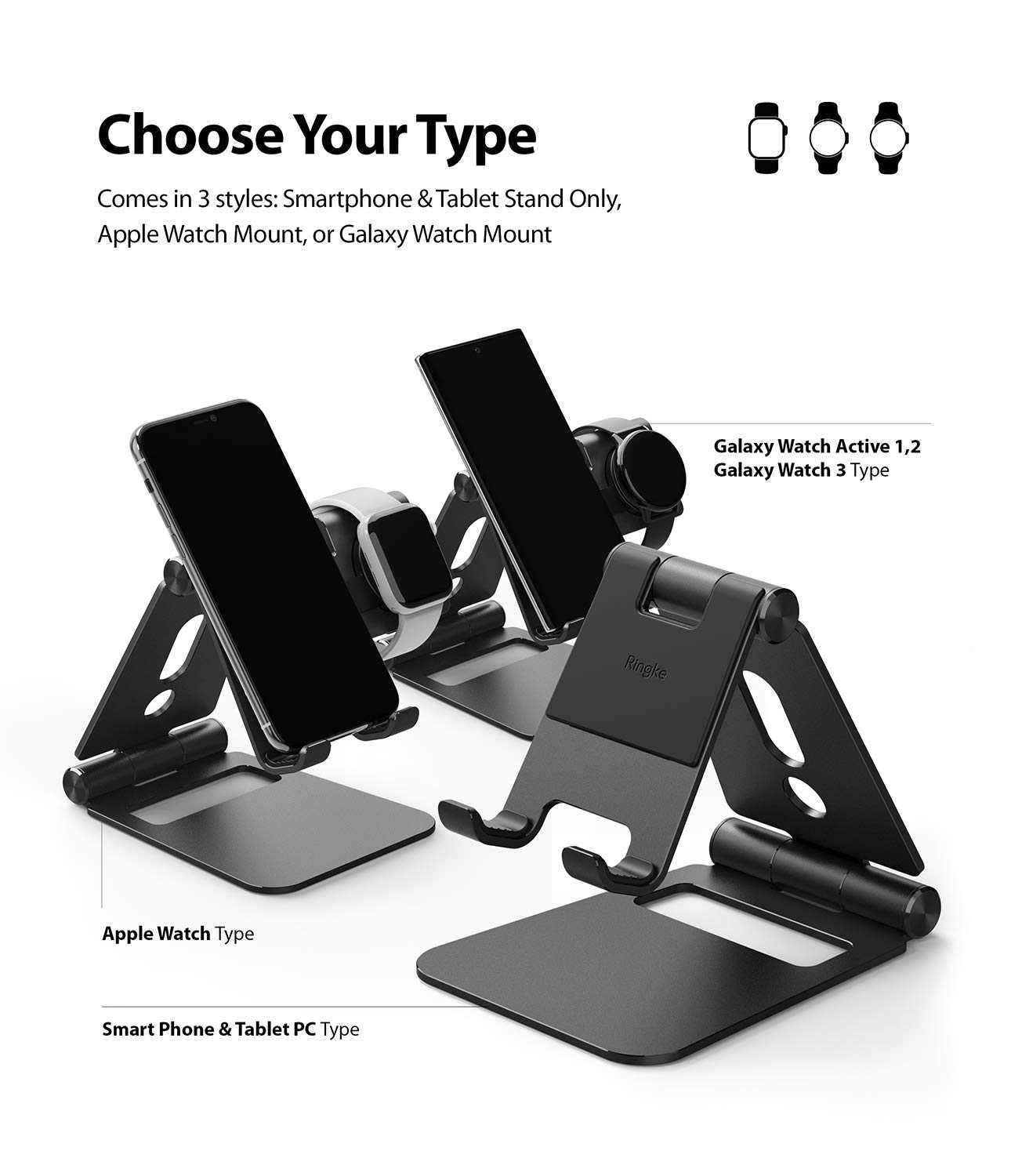 Ringke Super Folding Stand, Support Téléphone Portable Support Smartwatch pour Galaxy Watch 4, Galaxy Watch 4 Classic, Galaxy Watch 3, Galaxy Watch Active 1/2 Station de Charge Multi-Angles