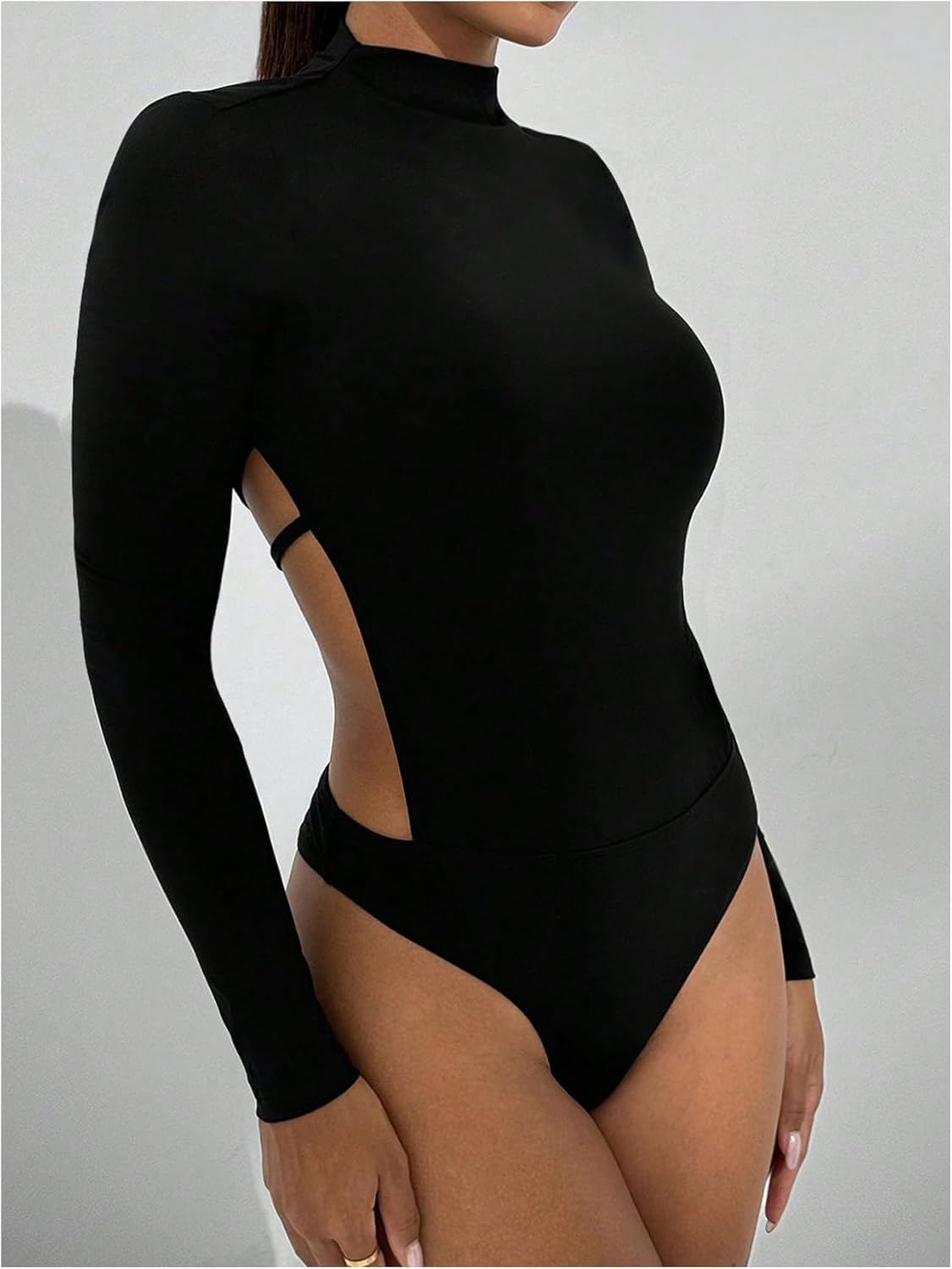SweatyRocks Women's Backless Mock Neck Bodysuit Long Sleeve Cut Out Fitted Jumpsuits Leotard Top - Image 3