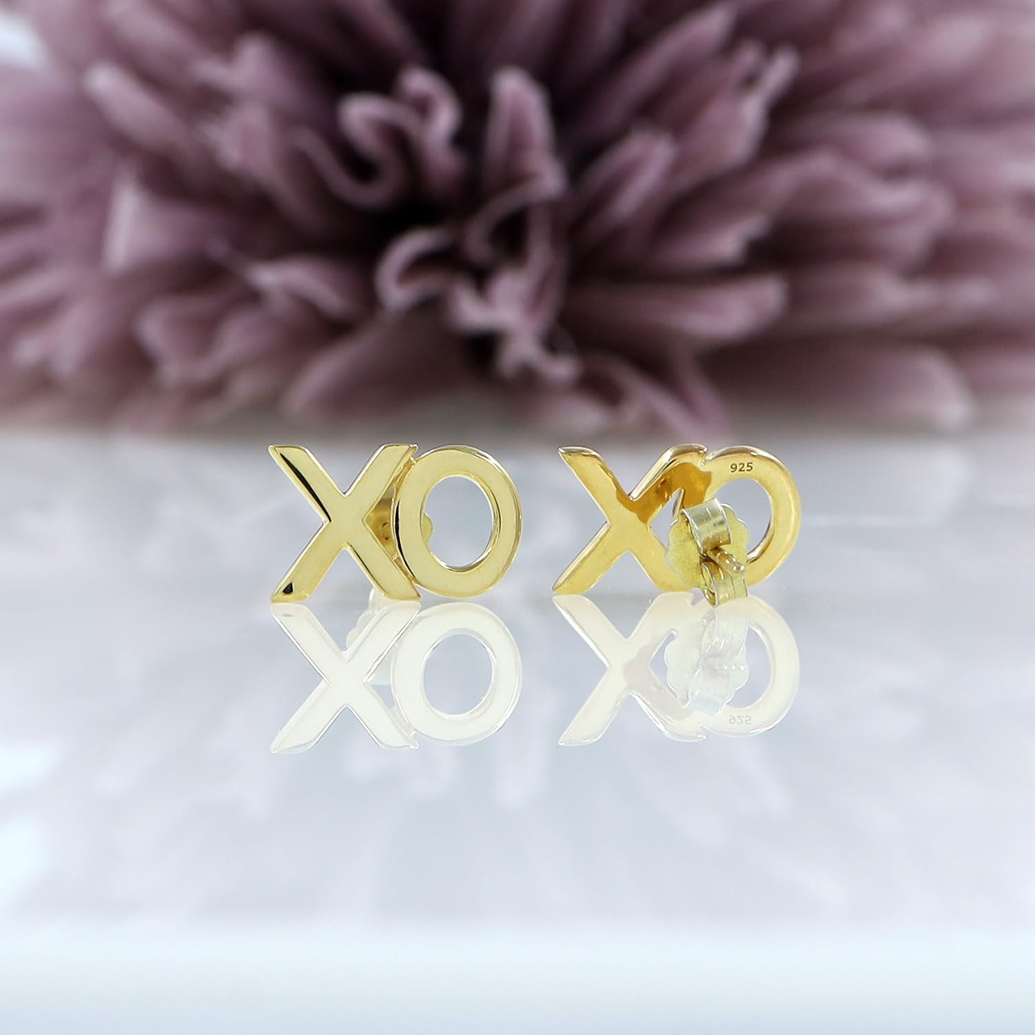 XO Stud Earrings With Push Back Minimalist Plain Jewelry For Women In 14K Gold Plated Sterling Silver Gift For Her