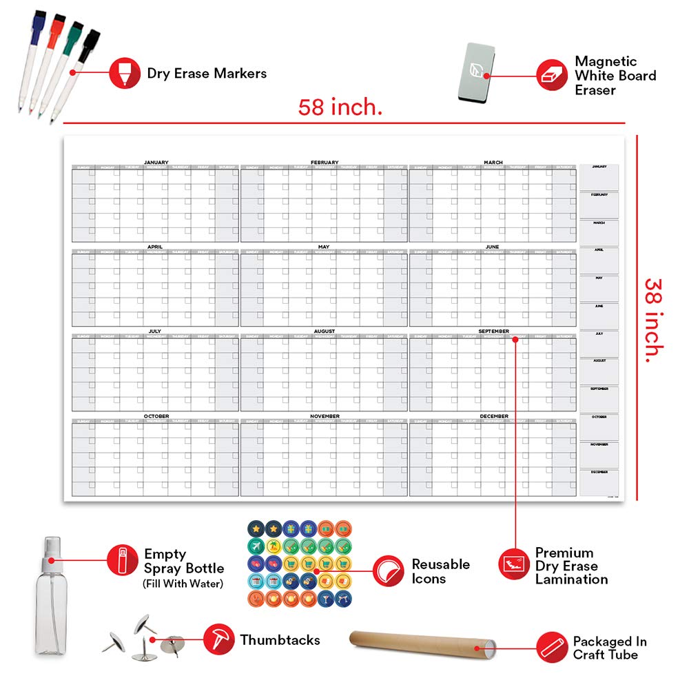 Large Dry Erase Wall Calendar 38" x 58" Premium Undated Blank 2022