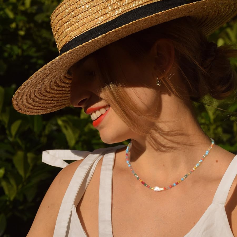 Colorful Beaded Necklaces for Women Crystal Bead Necklace Beach Necklaces Boho Necklaces for Women Pearl Beaded Choker Necklace Stainless Steel 18K Gold Plated Choker2