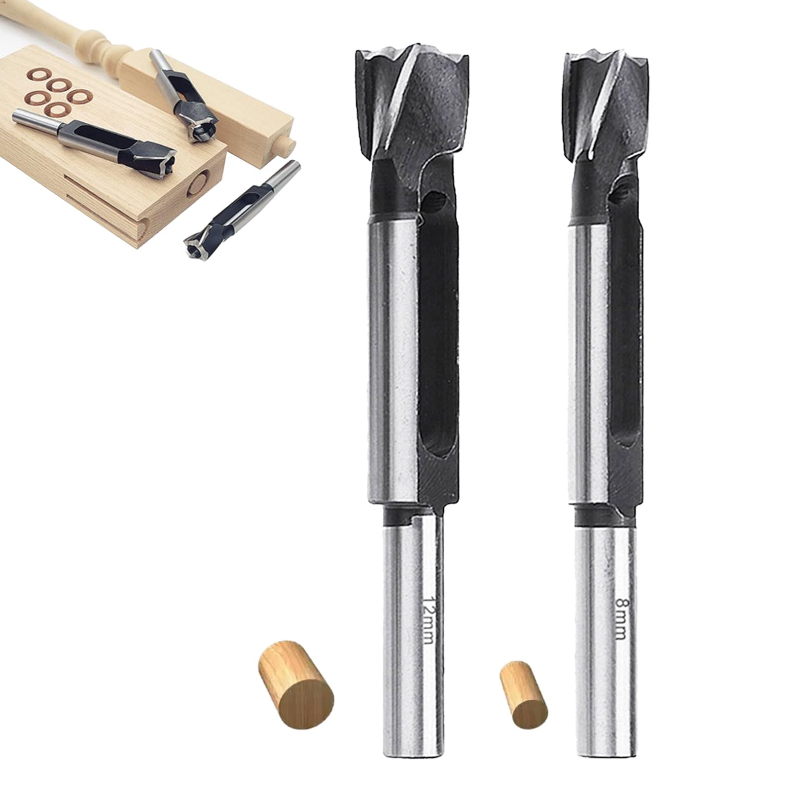 Juego Cortadores De Espigas Para Madera, Plug Cutter 8 mm 12 mm Con Vástago 1/2" Cortador Preciso De Tapones Para Carpintería Bricolaje Y Fabricación De Muebles