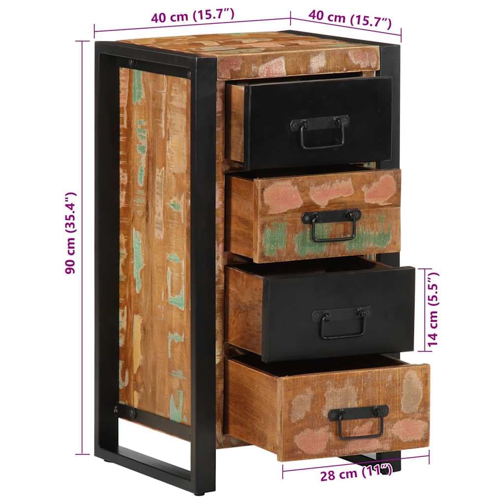 Armoire à tiroirs multicolore en bois massif vieilli 40 x 40 x 75 cm avec pieds en métal, buffet pour salon, couloir ou chambre à coucher, commode avec tiroirs et porte pratique