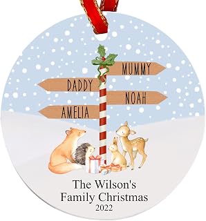 Personalised Family Christmas Bauble | Ceramic Signpost Woodland Christmas Tree Decoration | Christmas Ornament Gift | Family Names (Red Ribbon)