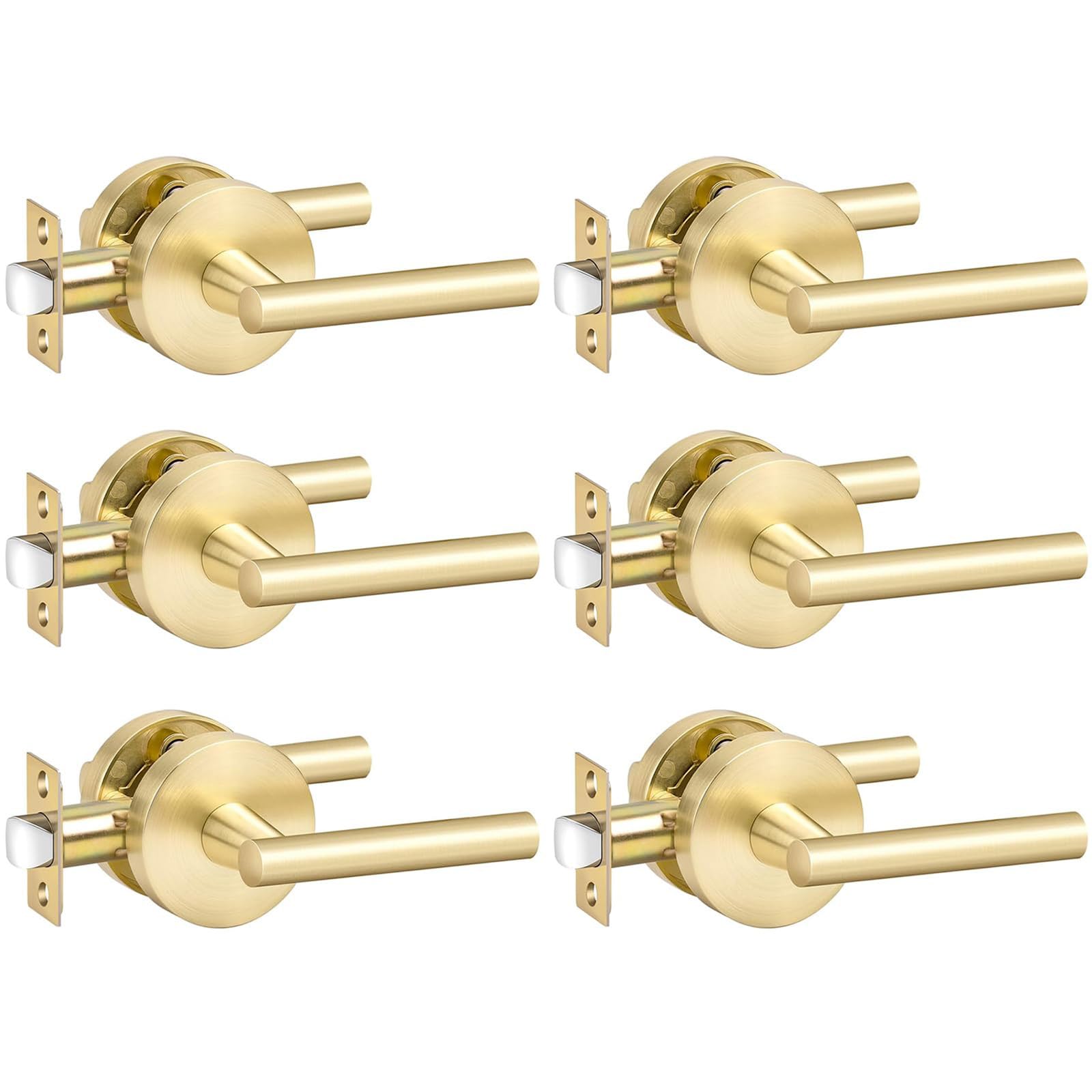 goldenwarm 6 Pack Gold Passage Door Handles, Closet Door Lever Brushed Gold Interior Door Handle for Hall and Closet, Zinc-Alloy Heavy Duty