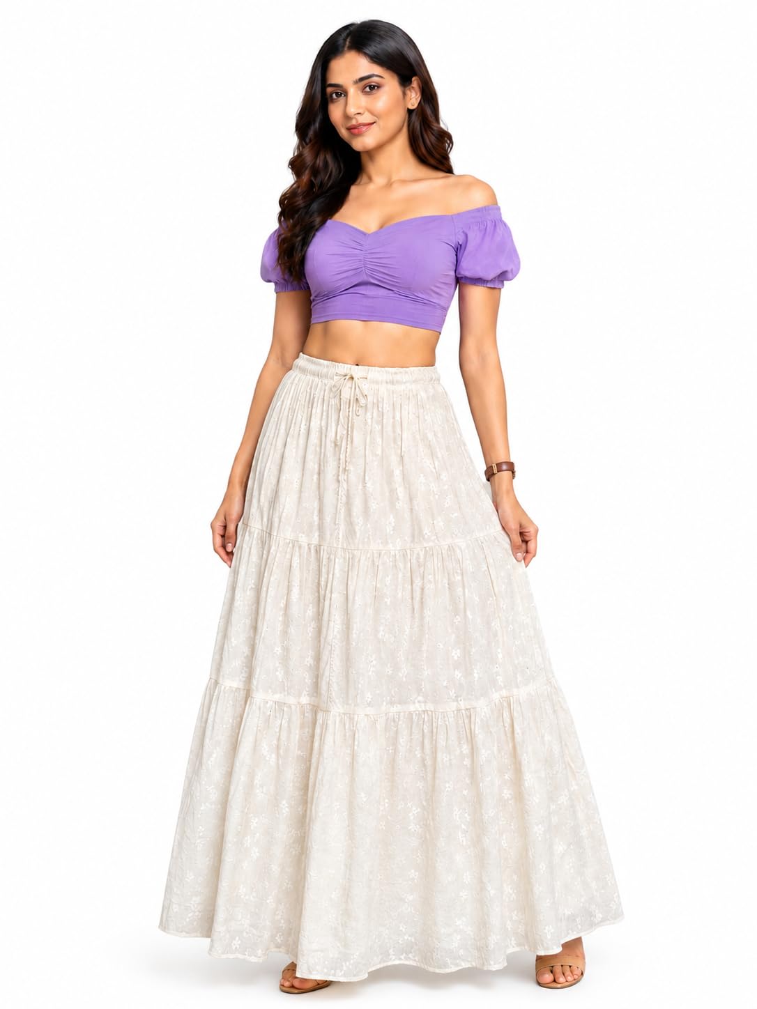 Long, Tiered Maxi Skirt | Lightweight Woven Fabric | Cotton Blend | Relaxed, Flowing A-line Shape | Comfortable & Stylish | Ideal for Casual and Everyday Wear Off-White-picture-21