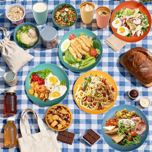 Image of Wheat Straw Dinnerware Sets, 20 PCS Service for 4, Dishwasher & Microwave Safe Kids Plates and Bowls Sets, Unbreakable Lightweight Outdoor Camping Dishes - Multicolor