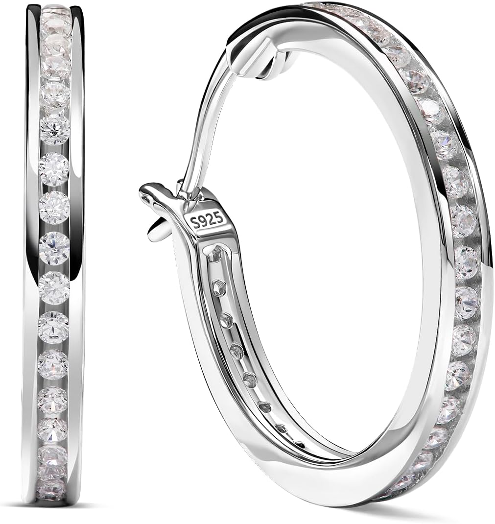 Moissanite Hoop Earrings for Women, 20mm/30mm, Solid 925 Sterling Silver, Hypoallergenic Comfy Earrings, Birthday Valentines Anniversary Christmas Ideal Gift for Her