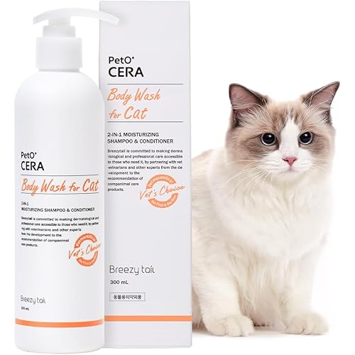 Breezytail PetO’Cera All-in-One Cat Shampoo and Conditioner | Hypoallergenic Cat Skin & Coat Care | Itch Relief, Moisturizing & Rejuvenating | Veterinarian Approved and Formulated (10.1oz, 300ml)