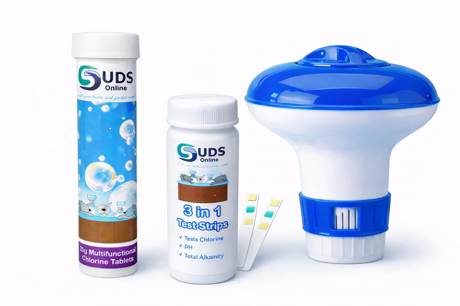 10 x 20g Multifunctional Chlorine Tablets + 10 Test Strips +Floating Dispenser for Swimming Pools Spa Hot Tub Paddling Pools