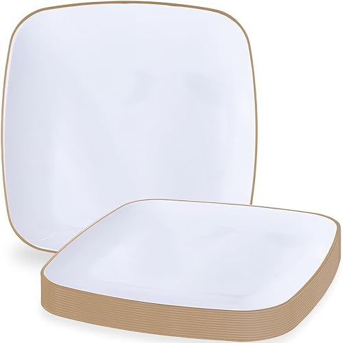 Blue Sky Platos desechables blancos orgánicos de 7.25 pulgadas cuadrados (10 unidades) Vajilla de plástico con borde dorado para fiestas