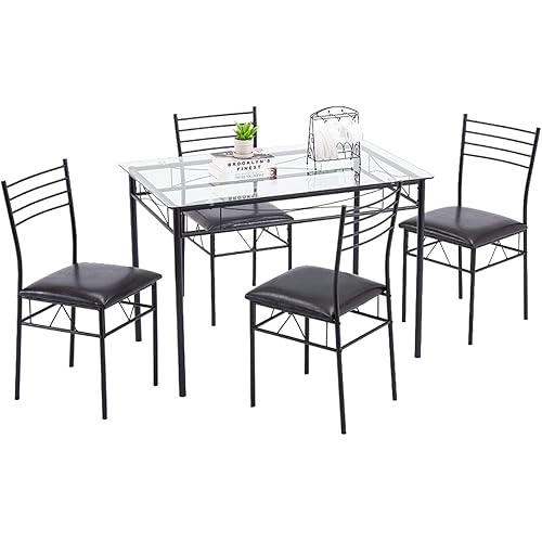 Karl home 5-Piece Dining Table Set with 1 Glass Dining Table and 4 Chairs, Modern Dining Table Set for Kitchen & Breakfast Dining Living Room, Space Saving Furniture (Glass)