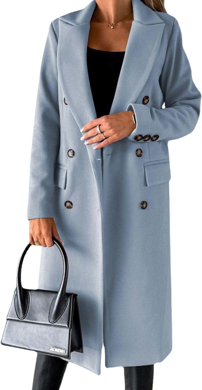 - Womens Solid Color Double Breasted Medium Length Slim Coat Winter Casual Lapel Wool Jacket Coat