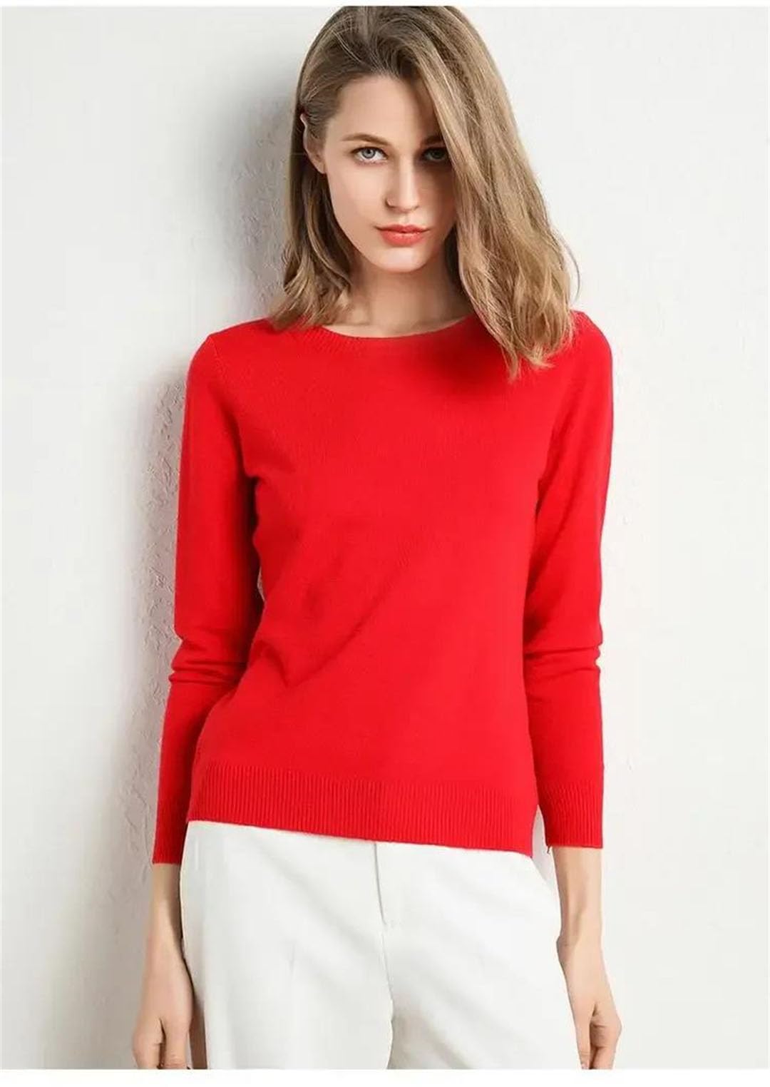 Maglione da donna in lana merino O-Collo Pullover Primavera Manica Lunga Slim Tinta unita Bottoming Tops