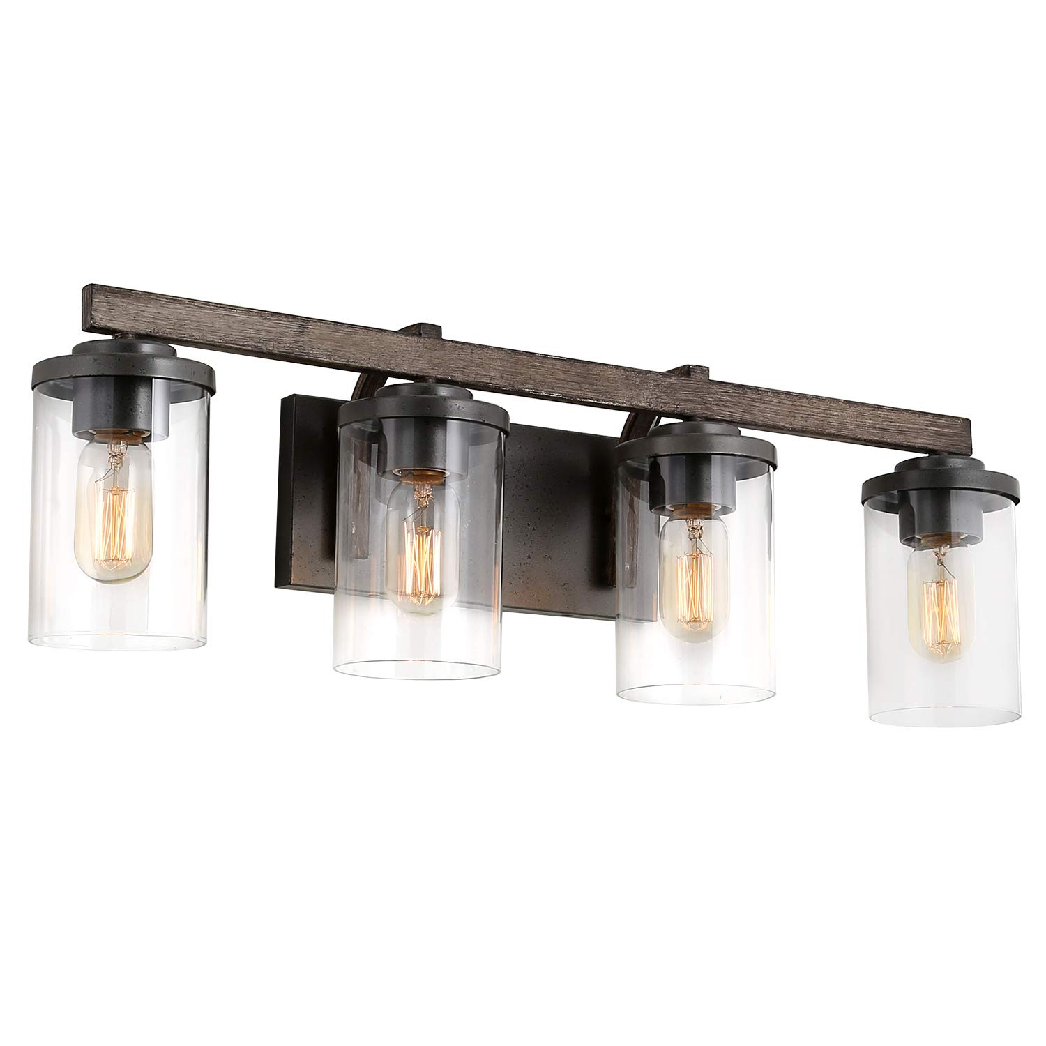 LOG BARN Bathroom Vanity Light Fixture, 4-Light Farmhouse Bathroom Light Fixture with Clear Glass Shades, Faux Wood Finish, 28 Inches