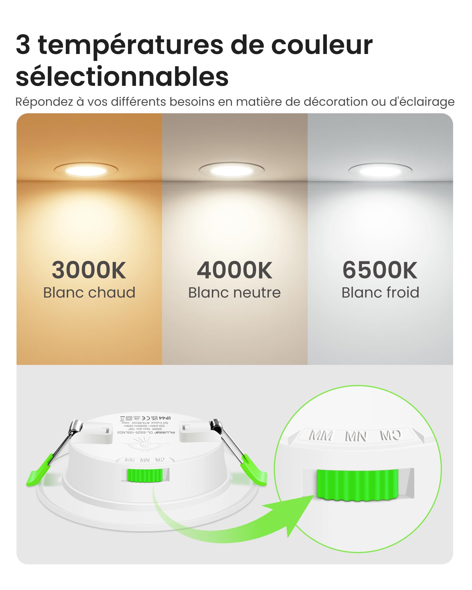 ALUSSO Spot LED Encastrable Extra Plat, 5W 440LM Dimmable IP44 LED Spot Etanche Salle de bain, 3CCT Blanc Chaud 3000K Blanc Neutre 4000K Blanc Froid 6500K, Trou Φ68-78mm, Lot de 10