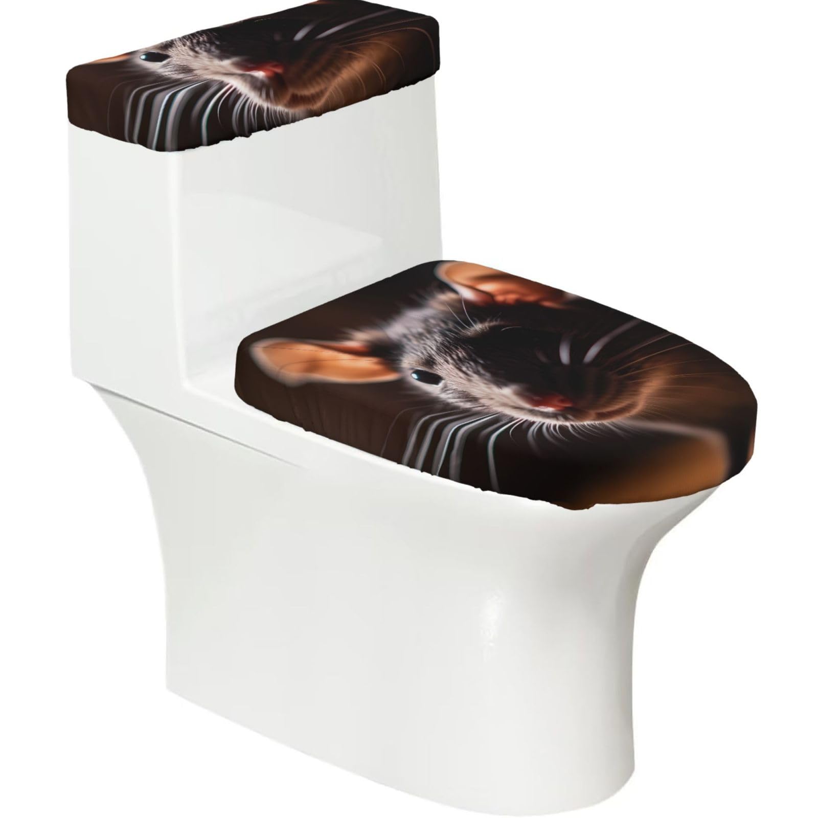 Rat's Head 2-Piece Toilet Seat Cover Set with Tank Lid - Elastic for U-Shape & Elongated - Bathroom Decor