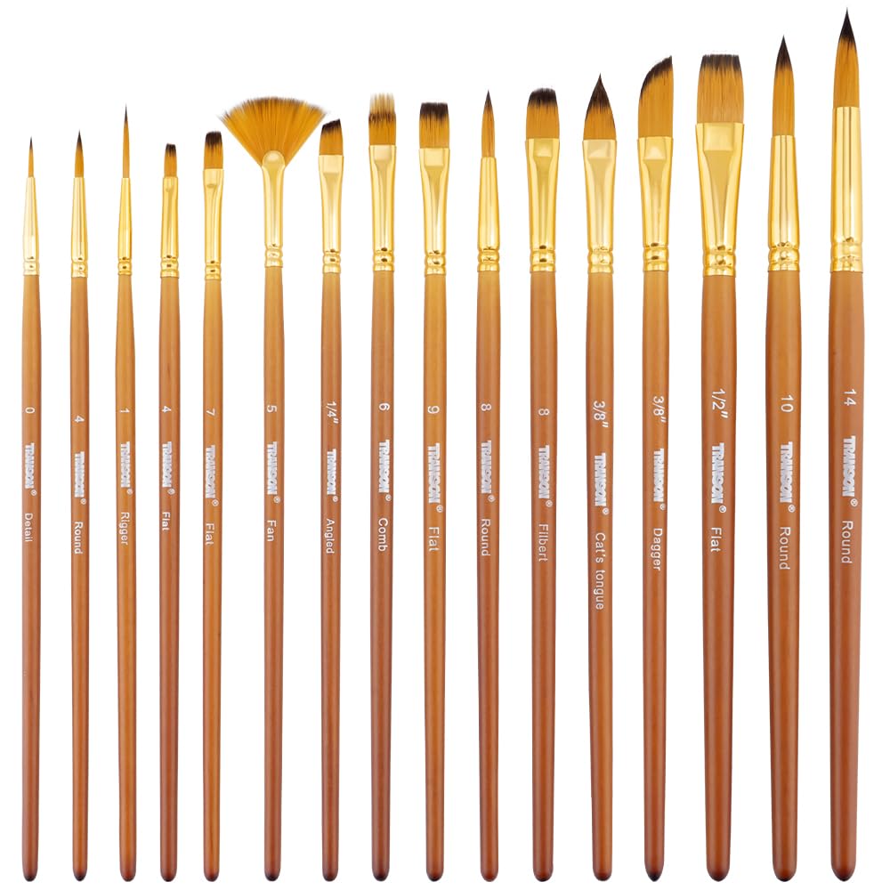Transon 16 pcs Artist Paint Brush Set Versatile for Acrylic Painting Watercolor Painting Gouache Painting Brown Color