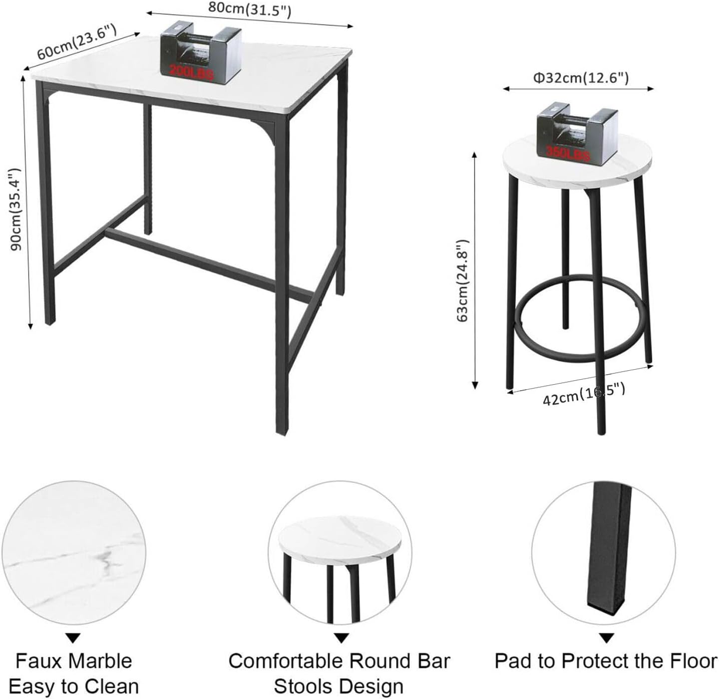 AT-VALY 3-Piece Bar Table Set with 2 Stools,Dining Room Table Set,Small Spaces (Black)