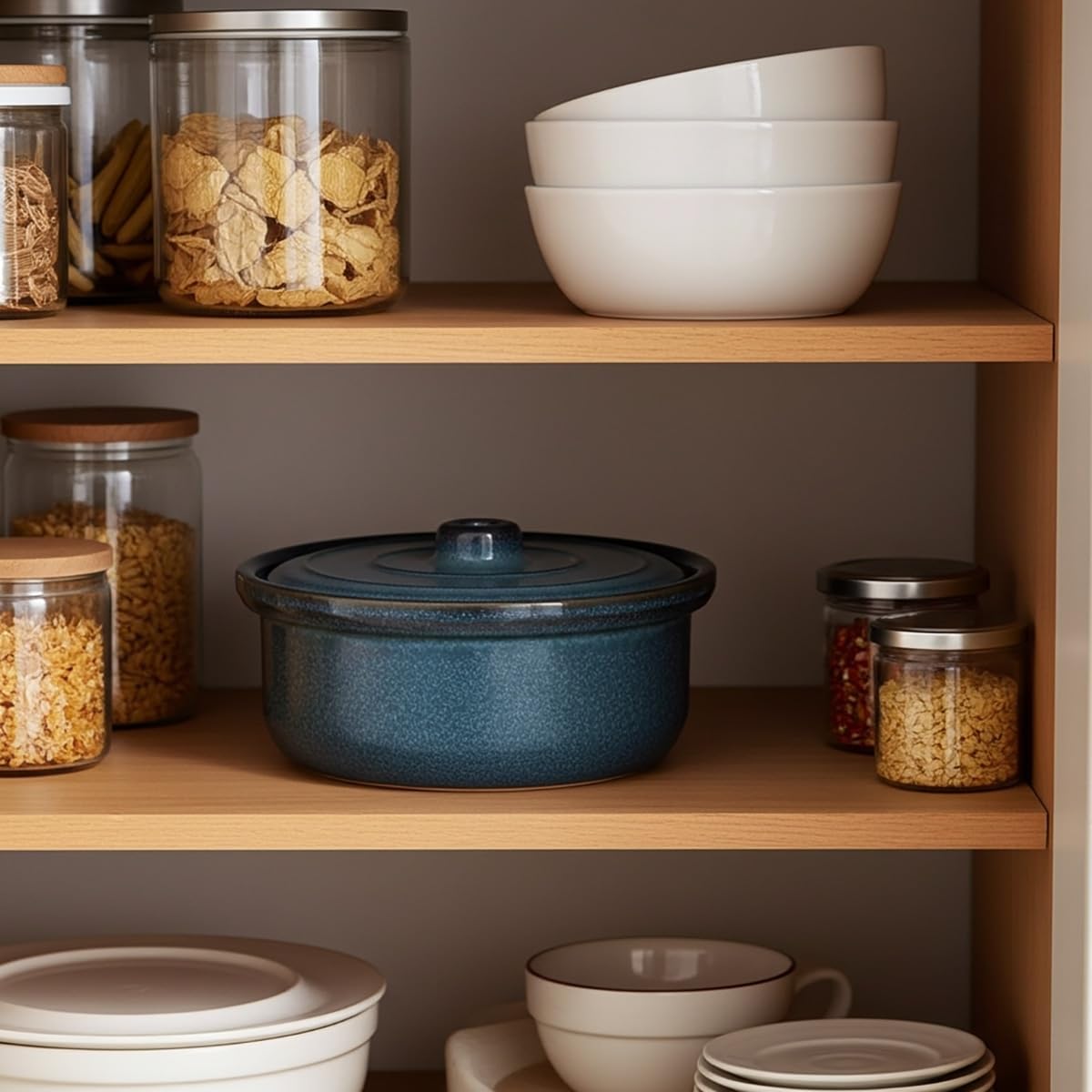 Handmade Stoneware Ceramic Casserole Dish Bakeware with Lid, 3.4 Quart, 10"W x 5"D, Oven to Table Ceramic Round Dish for Dinner and Party-Ocean Blue Color