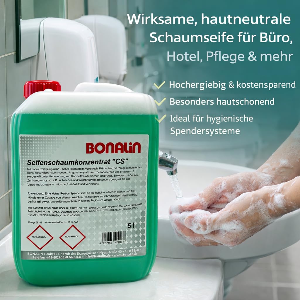 BONALIN Seifenschaumkonzentrat CS 5L Kanister – pH 5,5 hautneutral & dermatologisch getestet – ergiebige Schaumseife für Spendersysteme – B2B Handwaschseife für Büro, Hotel, Gastronomie, Pflege