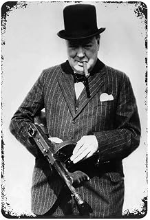 ChJing Winston Churchill Holding A Tommy Gun Retro Metal Tin Sign Funny Vintage Metal Plaque Artwork Poster Wall Decor Painting Office Bedroom Living Room Home Yard (08×12inch)