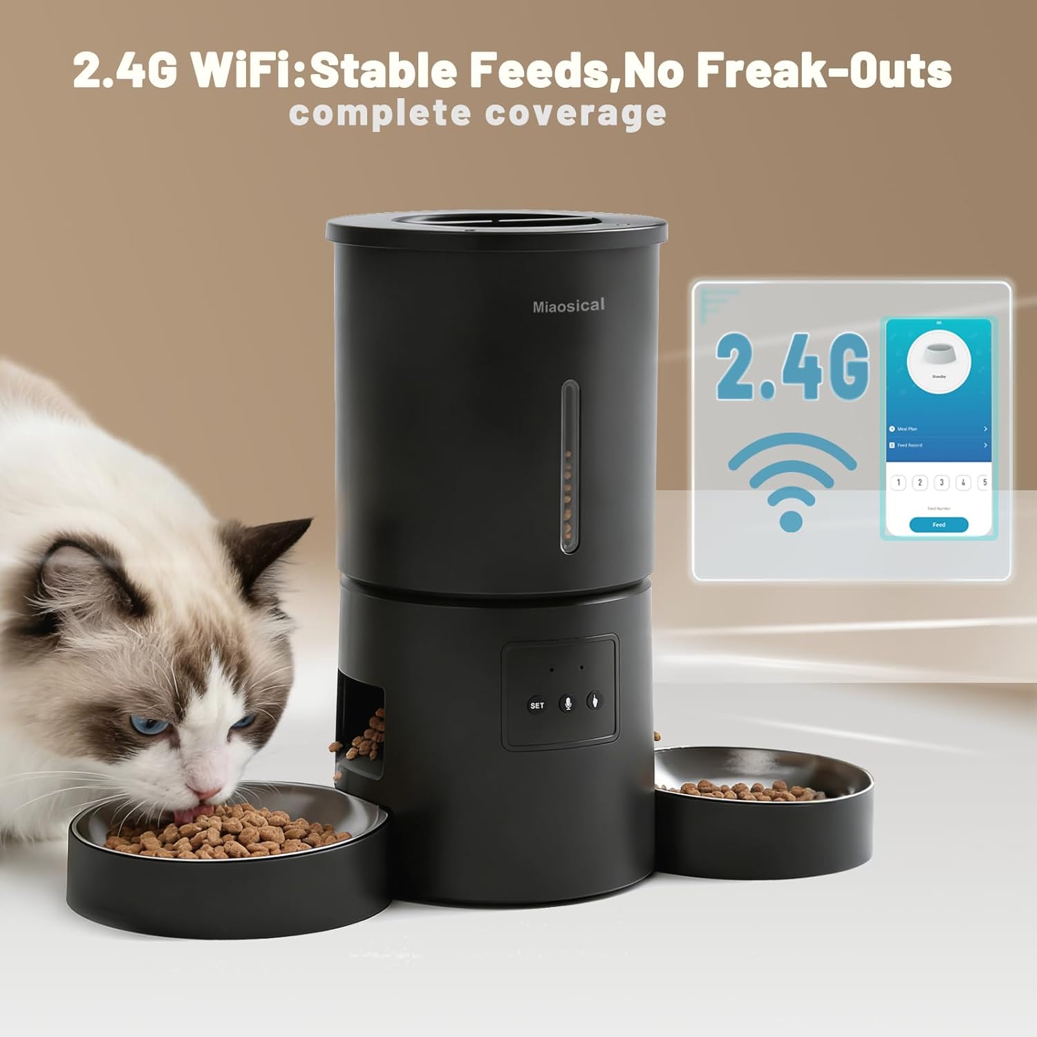 Automatic Cat Feeder 2 Cats,2.4G WiFi Timed Auto Cat Food Dispenser with Dual Bowls,4.2L Smart App Control,Equal Portion Feeding for Multiple Cats (Black, 4.2L WiFi Dual Bowl)